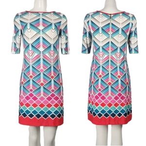 NWOT Eliza J Jersey Blue Pink Abstract Pattern Dress Size 0P 💃✨